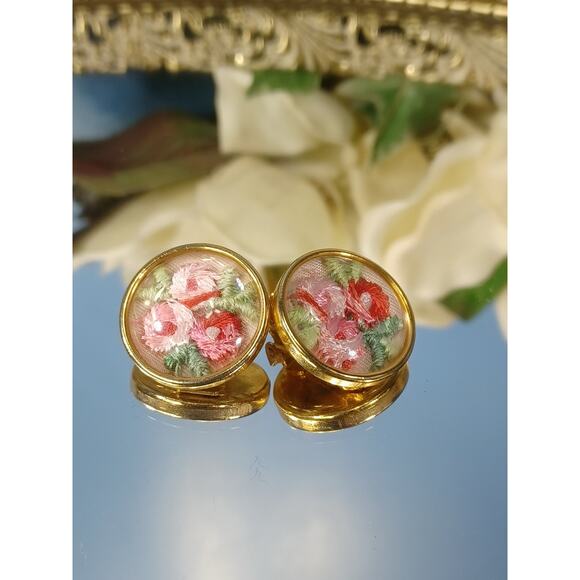 Floral Embroidered Unique Retro Pink Red Green Clip On Round Earrings Beautiful - Picture 8 of 9